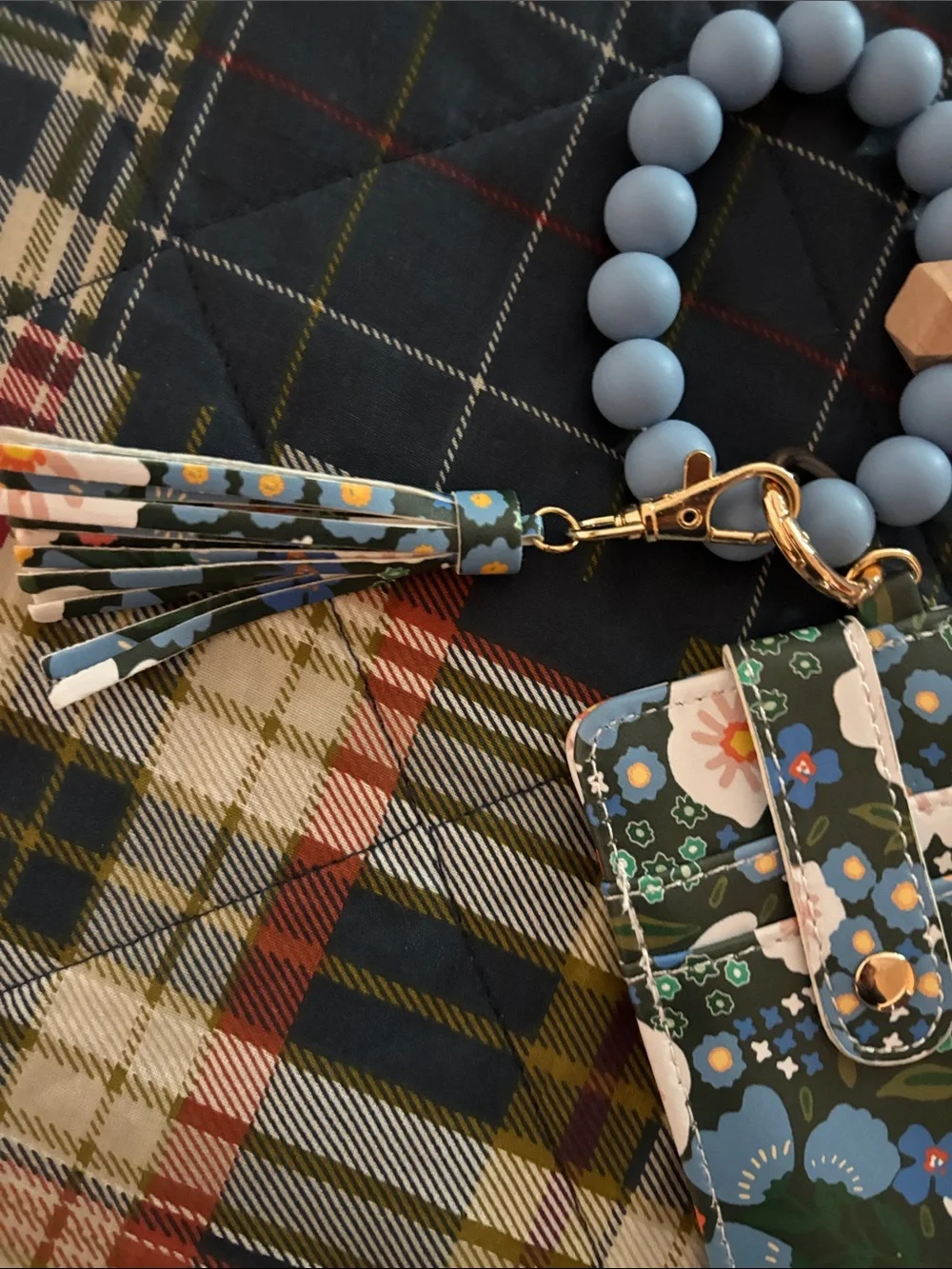 Floral ID Card Holder Wristlet with Blue Beaded Strap
